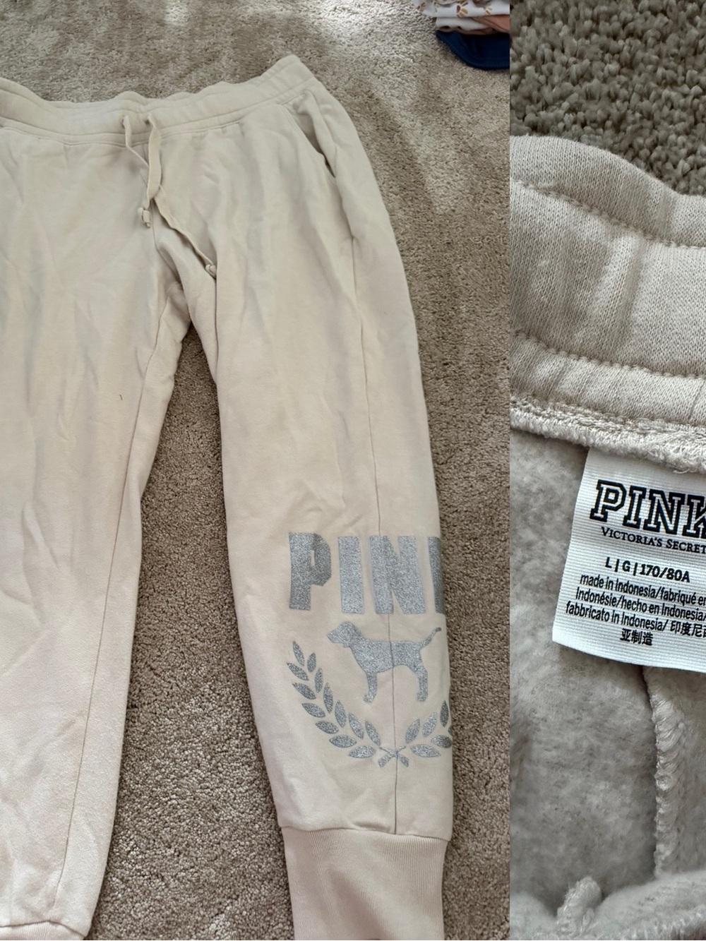 PINK Victoria's Secret Cream Pajama Joggers with Silver Glitter Logo